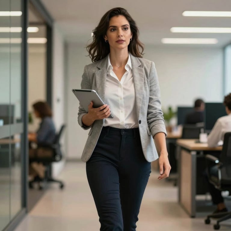 A confident professional woman in Brazil walking through an office with a tablet, representing forward momentum.