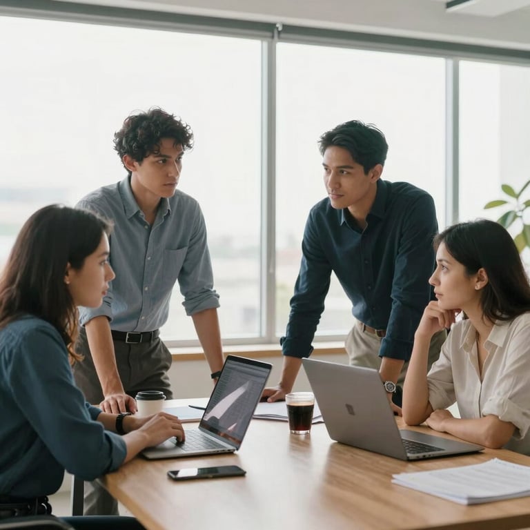 A group of diverse South American professionals collaborating in a bright, modern workspace with large windows.