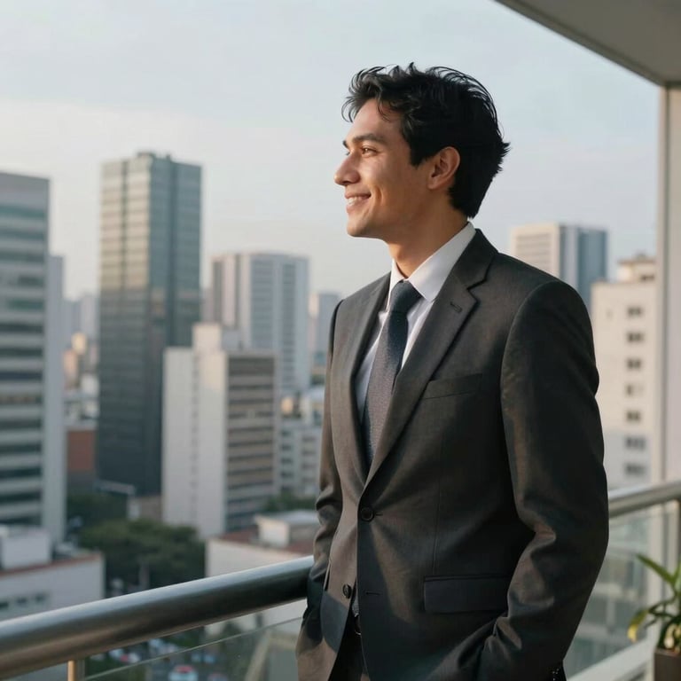 A person in professional attire smiling while looking at a city skyline from a balcony in a South American business district.
