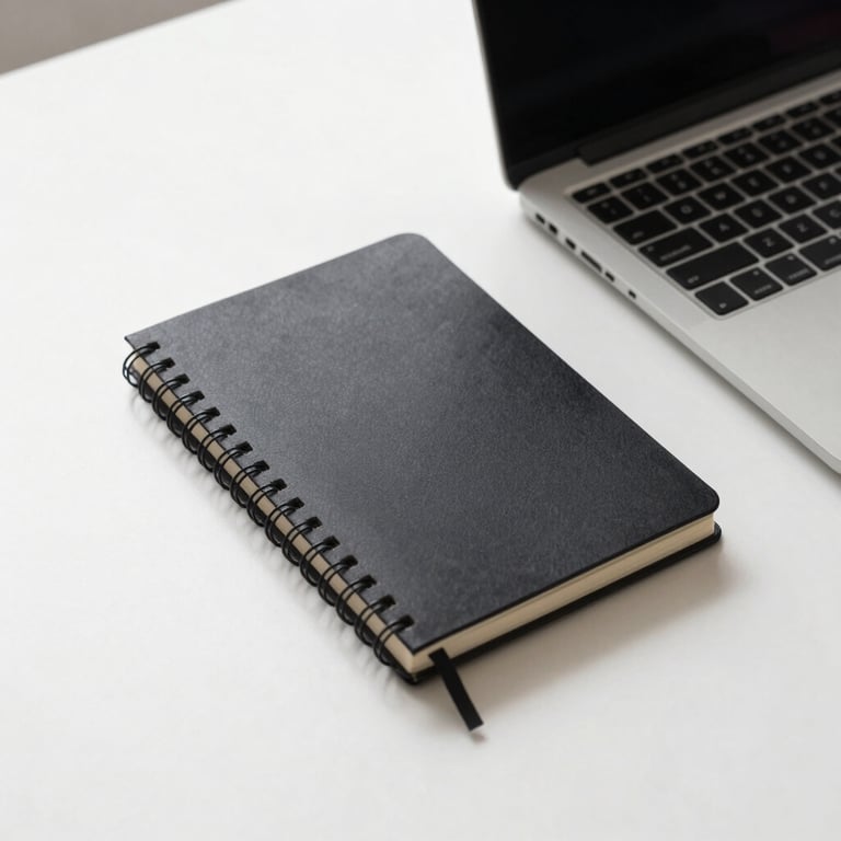 A minimalist image of a notebook and a laptop on a clean white desk, suggesting a fresh start and organization.