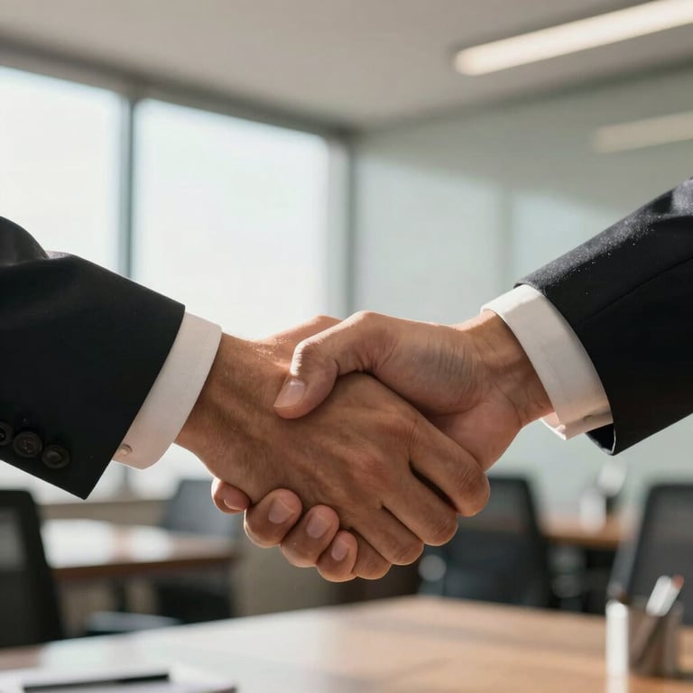 A crisp, close-up shot of a professional handshake in a sunlit Brazilian office, symbolizing a new partnership.