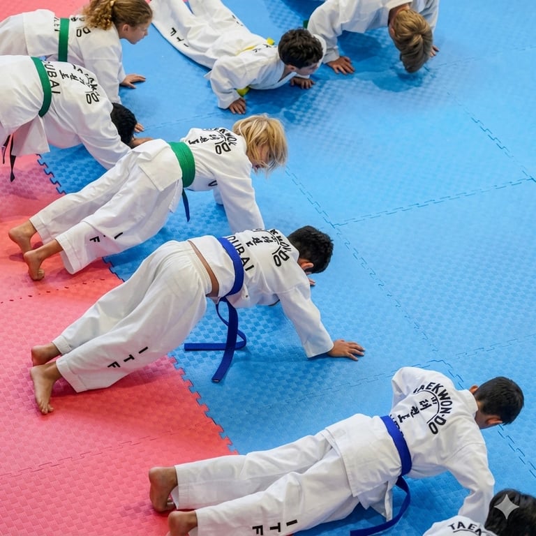 Children doing fitness conditioning in Taekwondo class Dubai