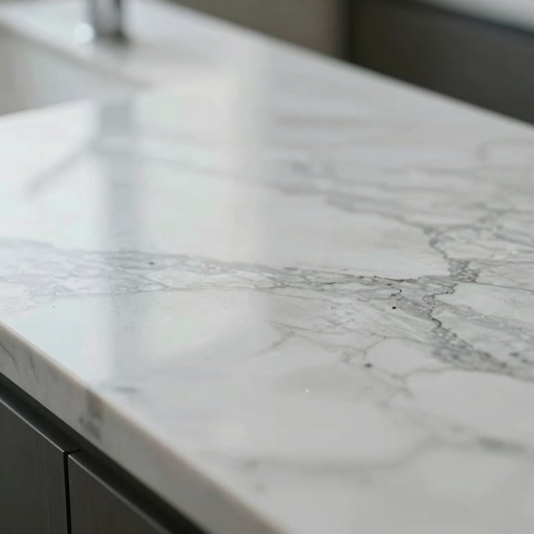 Extreme close-up macro shot of a polished marble countertop, completely streak-free, reflecting soft natural daylight, clinical cleanliness, minimal composition.