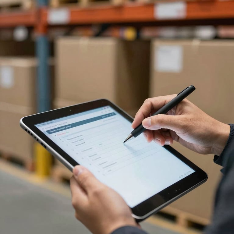Detail shot of a logistics professional's hand using a digital tablet for tracking in a North American / US warehouse.