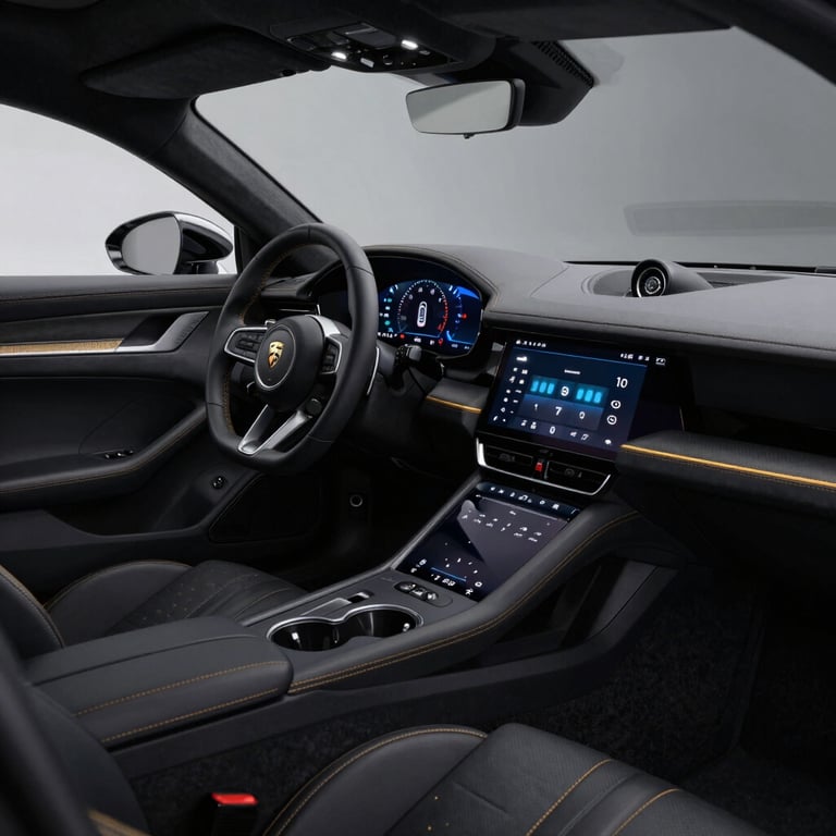 VISAO GO: A sleek, dark luxury sports car interior with glowing dashboard interfaces and gold stitching on leather seats.