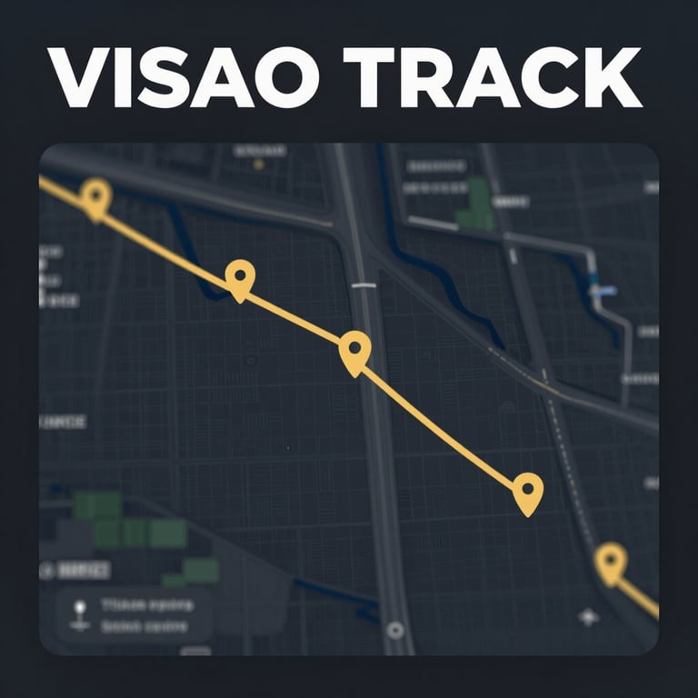 VISAO TRACK: A digital map interface showing real-time GPS tracking with golden trails and pinpoint icons on a dark, frosted glass background.