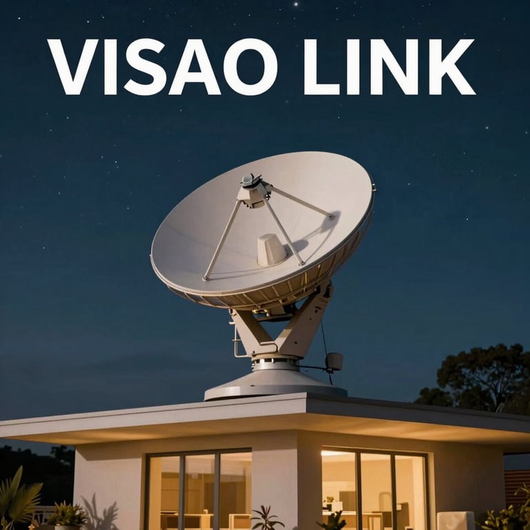 VISAO LINK: A Starlink satellite dish positioned on a futuristic villa roof under a starry night sky, highlighted with soft gold neon light.