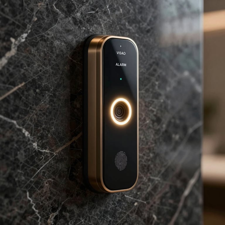 VISAO ALARM: A high-end biometric fingerprint scanner on a dark marble wall with a golden glowing ring indicator, elegant and secure.
