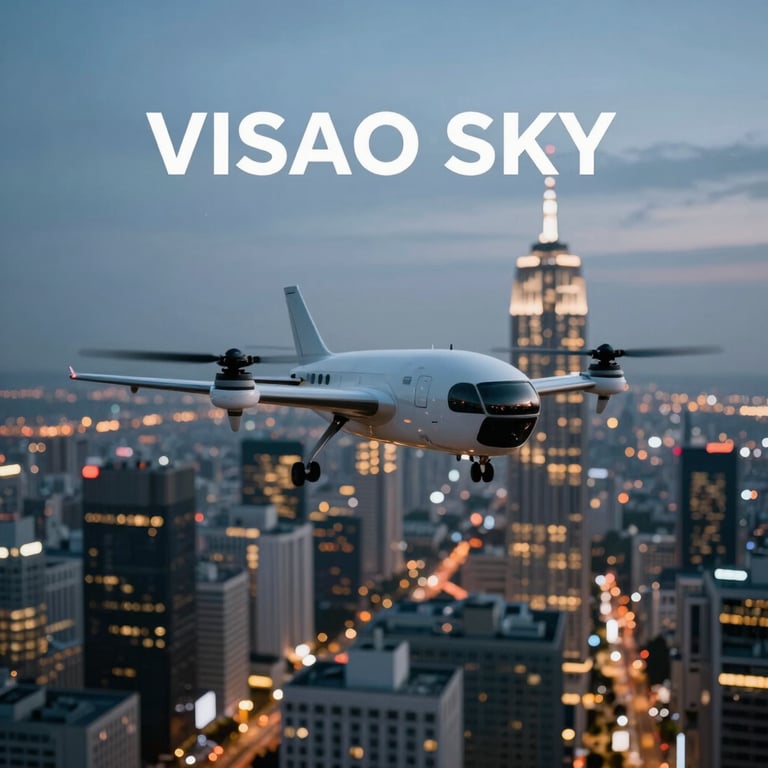 VISAO SKY: A professional cinematic drone flying over a modern cityscape at dusk, its lights casting gold and white reflections.