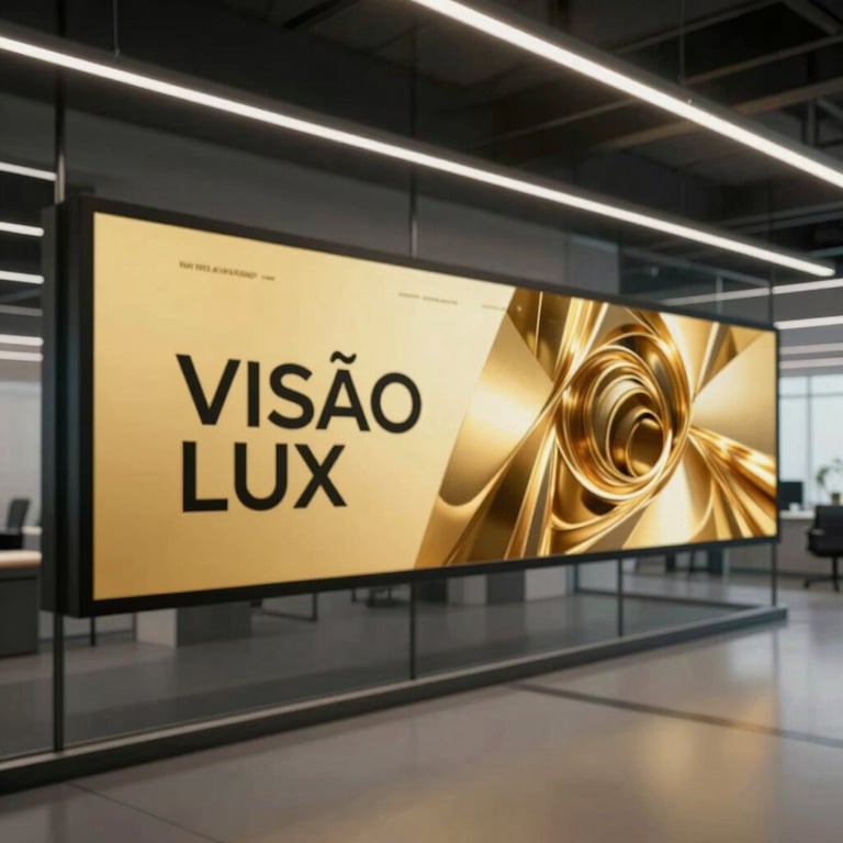 VISAO LUX: A modern digital advertising agency studio with wide glass screens displaying vibrant golden creative concepts.