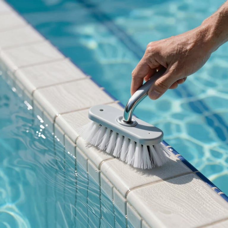 A close-up of a pool brush cleaning the tile line of a sun-lit swimming pool, demonstrating meticulous care.