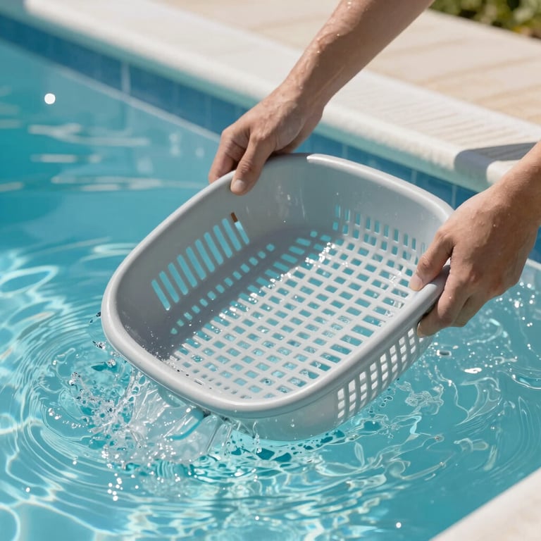 A clean pool skimmer basket being emptied by a professional, showing clear and healthy water in a residential pool.