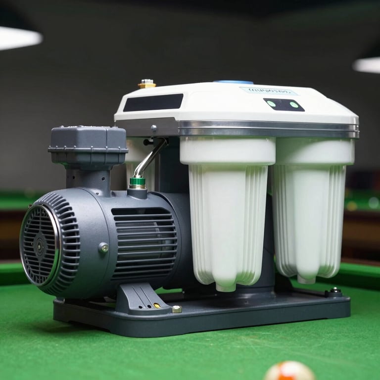 Professional pool equipment including a modern pump and filter system, neatly installed and well-maintained.