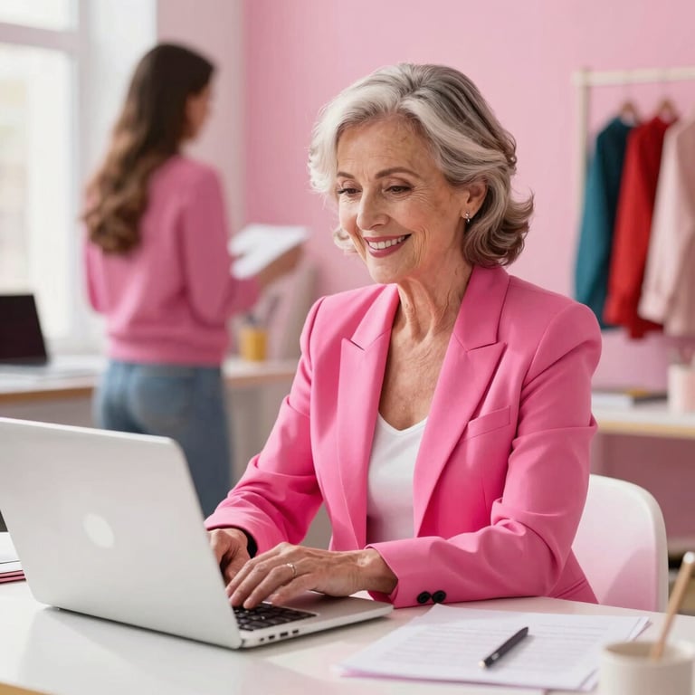 A confident older woman in a hot pink blazer working on a laptop in a creative studio, smiling. Bright natural light, saturated tones.