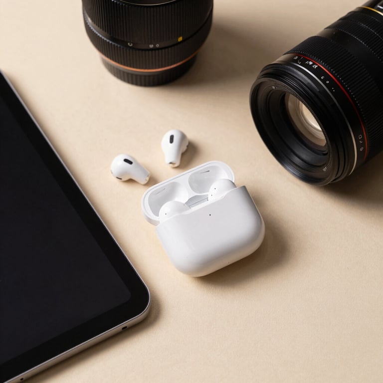 An organized, clean overhead flat-lay of lifestyle accessories and digital gadgets like tablet and wireless earbuds under soft warm studio lighting.