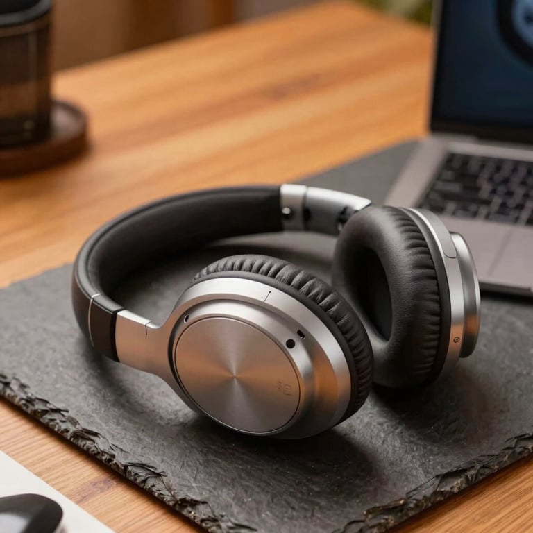 An elegant product photograph focusing on premium wireless noise-canceling headphones placed on a slate desk with warm orange lighting details.