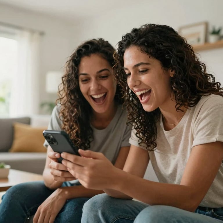 A clear, modern photograph of a South American / Brazilian couple looking at a mobile screen with energetic expressions in a bright contemporary living room.