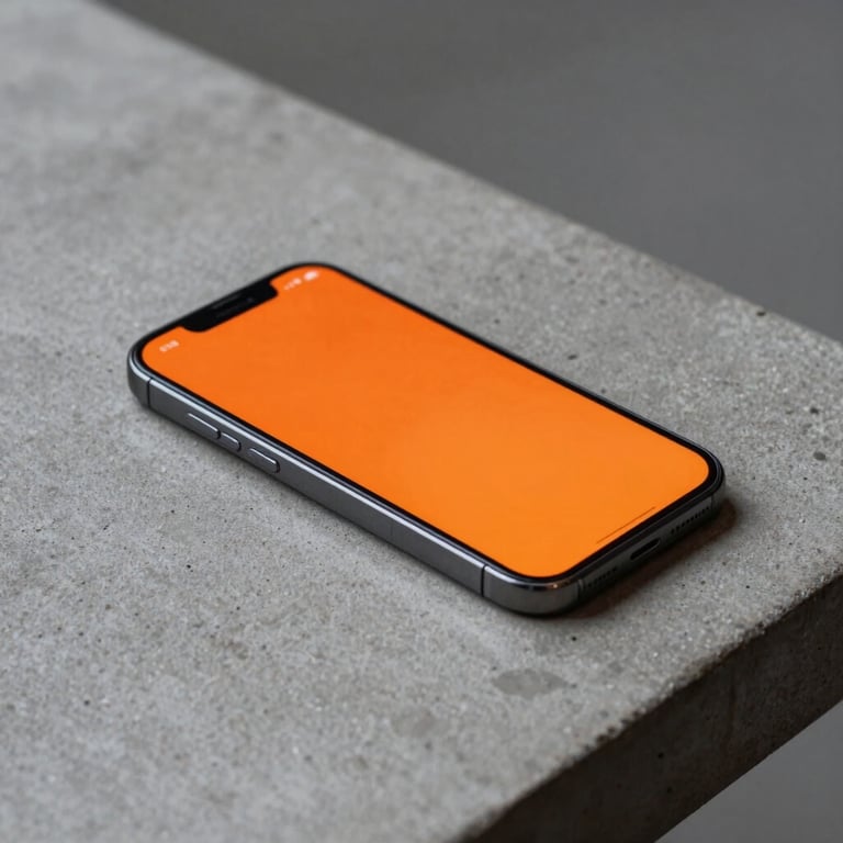 A sleek smartphone resting on a minimalist concrete table with vibrant orange ambient light reflecting off its polished glass screen.