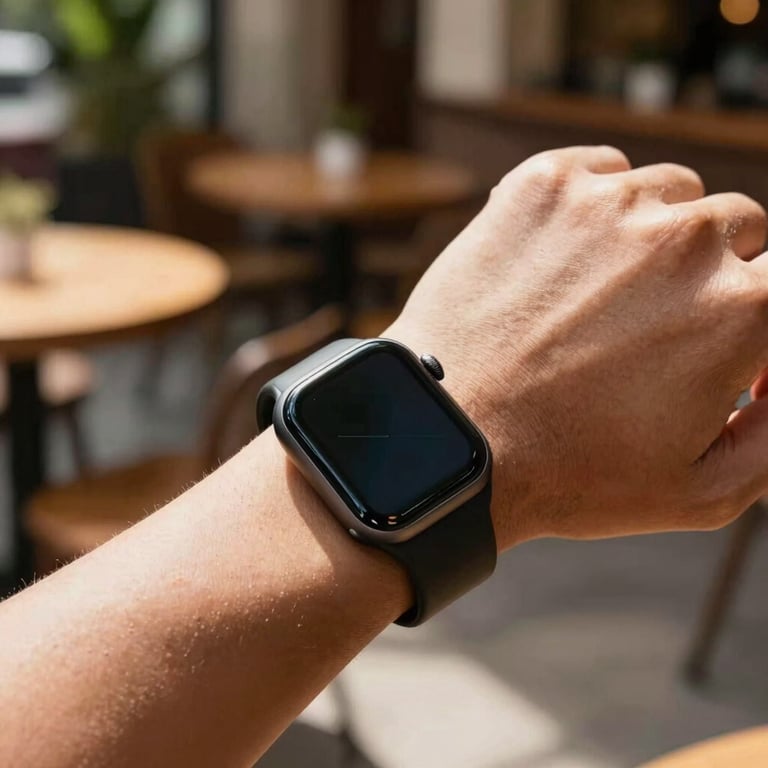 Close-up of a hand wearing a stylish smart watch with a high-definition screen in an outdoor South American / Brazilian cafe setup under bright natural sunlight.