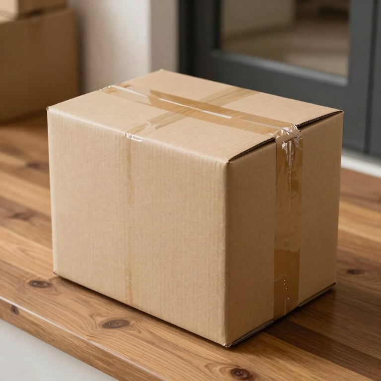 A delivery cardboard package with clean design accents sitting on a modern wooden entryway, conveying a reliable shopping experience.