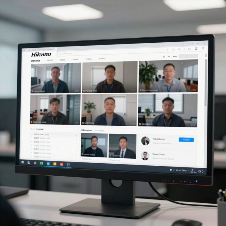 Hikvision video management software interface on a clean glass monitor in a control room.