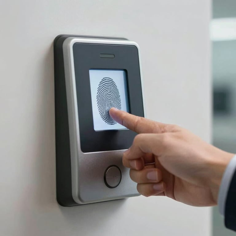 A biometric fingerprint access control panel being used by a professional hand.
