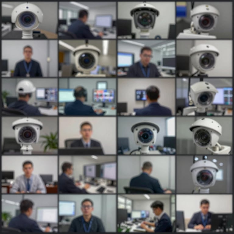 Large scale enterprise security setup showing multiple camera feeds on a grid.
