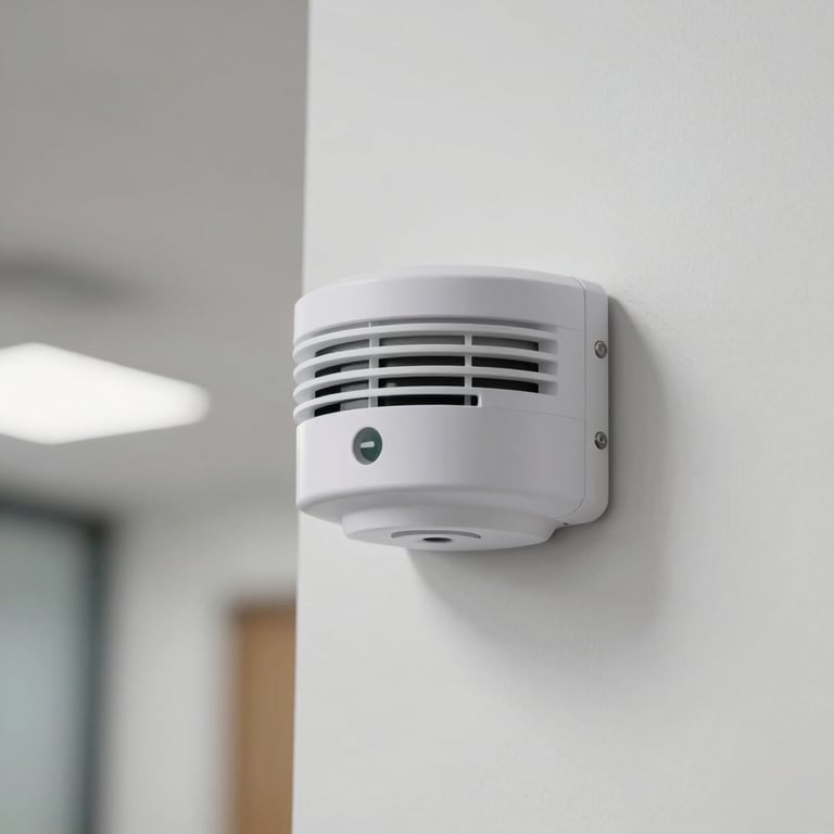 A modern smoke detector and emergency exit sign in a well-lit office hallway.