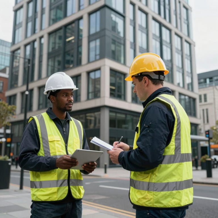 Professional surveyor assessing a modern British commercial building in a city centre, United Kingdom.