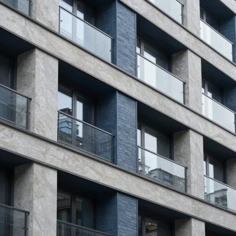 Architectural detail of high-end facade finishes on a new development, Slate Blue and Light Gray palette, United Kingdom.