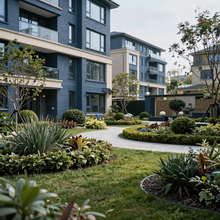 Manicured communal gardens of an upscale residential development in the United Kingdom, Slate Blue landscape details.