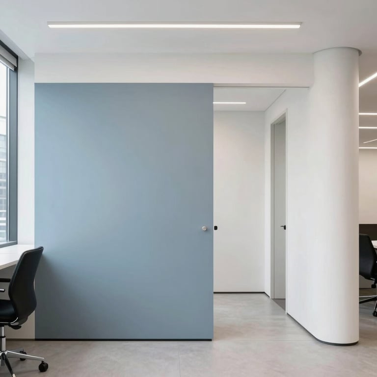 Bright, minimalist modern office space in Manchester city centre, clean Slate Blue and Off-White interior.