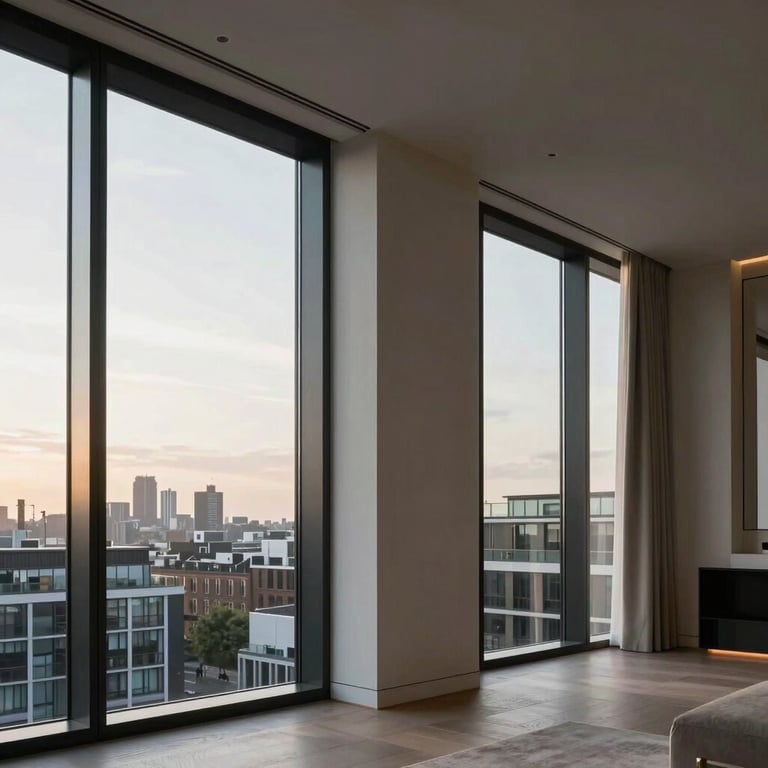 Contemporary London luxury apartment interior with large windows and soft morning light, United Kingdom.