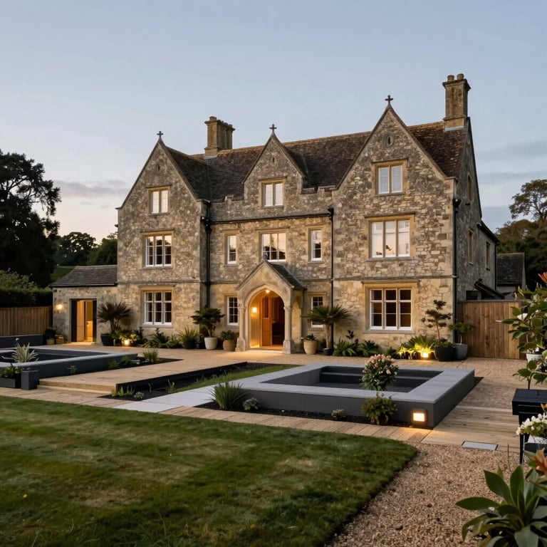 Traditional British countryside manor with modern minimalist landscaping and sophisticated outdoor lighting.
