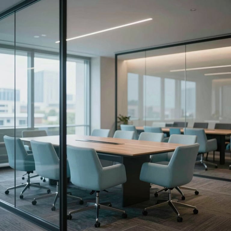 An interior shot of a contemporary boardroom with glass walls and pale blue seating, reflecting a clean and modern financial firm aesthetic.