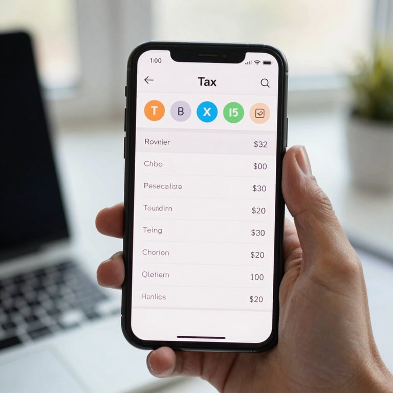 A close-up photograph of a smartphone screen displaying a tax calculator app, held by a person in a bright office, with soft focus on the background.