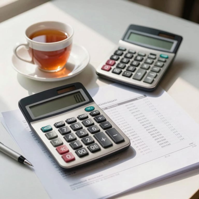 A neatly arranged workspace in India with a cup of tea, a calculator, and organized financial papers under soft morning sunlight.