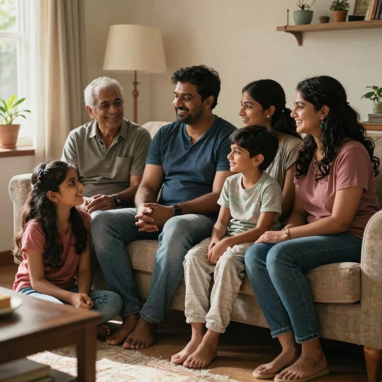 A happy South Asian family sitting in their sunlit living room, relaxed and smiling, representing financial security and peace of mind.