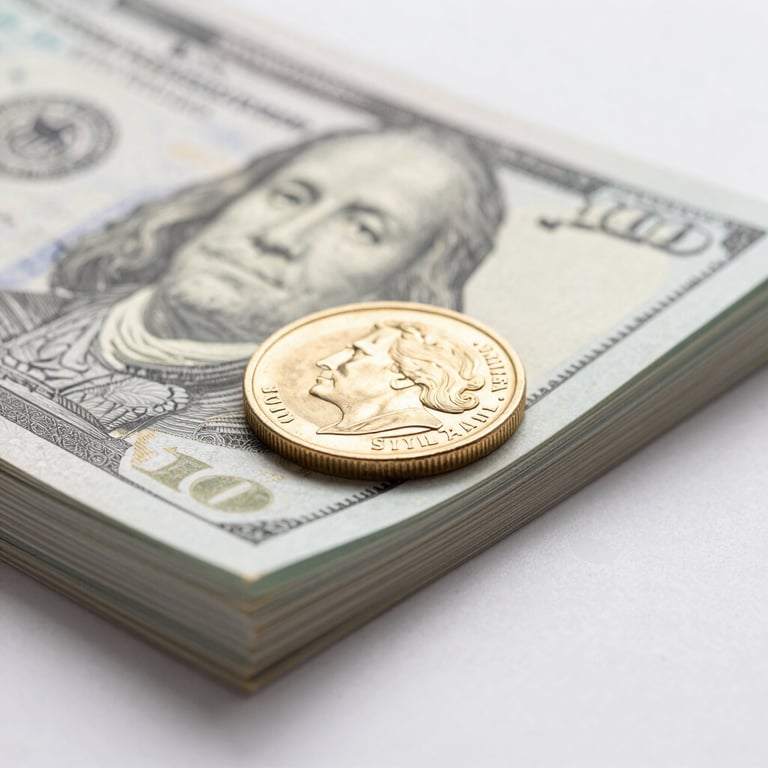 A macro shot of a gold coin resting on a stack of financial journals, with sharp focus and a clean, near white background.