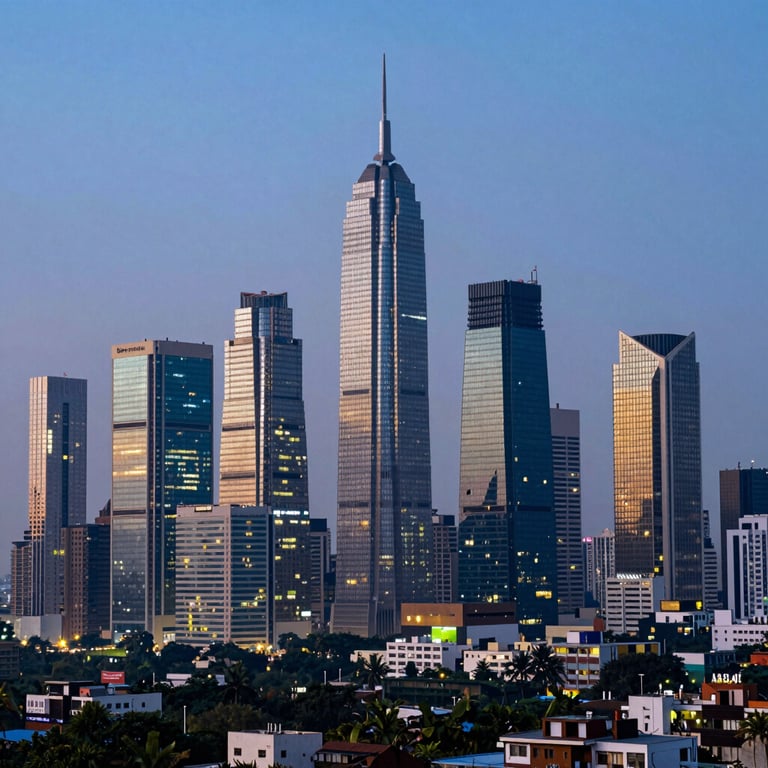A wide-angle view of a modern Indian skyline at dusk, with buildings glowing in deep blue and soft gold light, symbolizing prosperity.