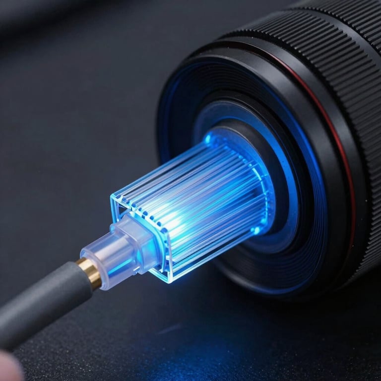 A detailed shot of a fiber optic cable setup, glowing with soft blue light, representing high-performance connectivity.