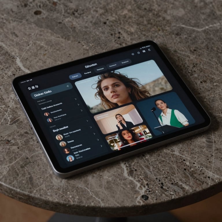 A sleek tablet device on a marble tabletop showing a user-friendly digital platform interface.
