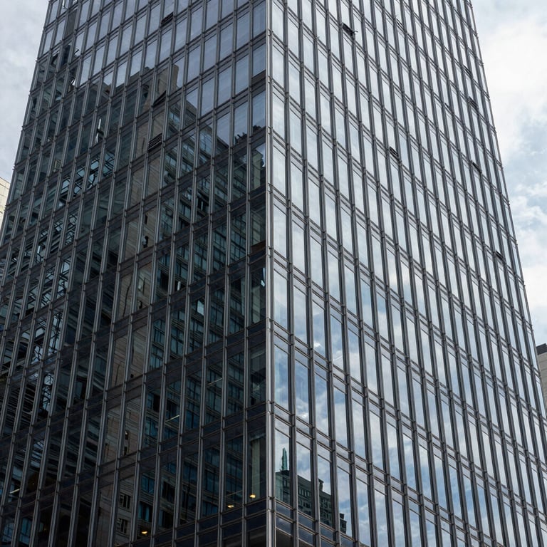An abstract architectural shot of a modern glass skyscraper in a North American business district.