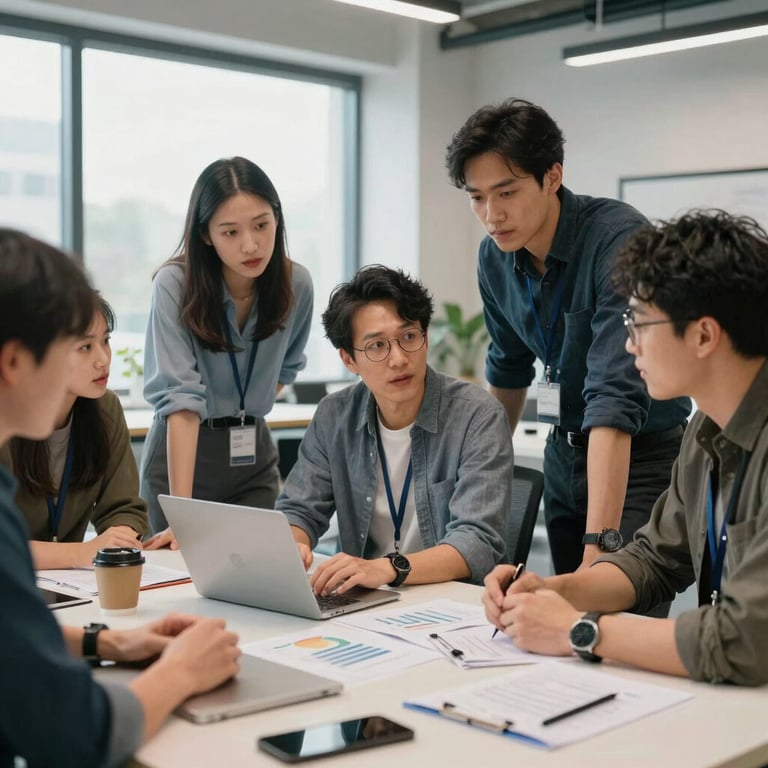 A collaborative group of tech professionals discussing a project in a bright, tech-forward North American studio.