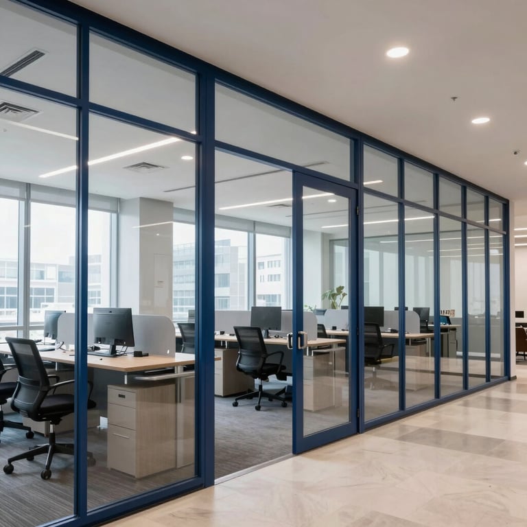 A modern North American office interior with clean lines and glass partitions, featuring steel blue and navy accents.