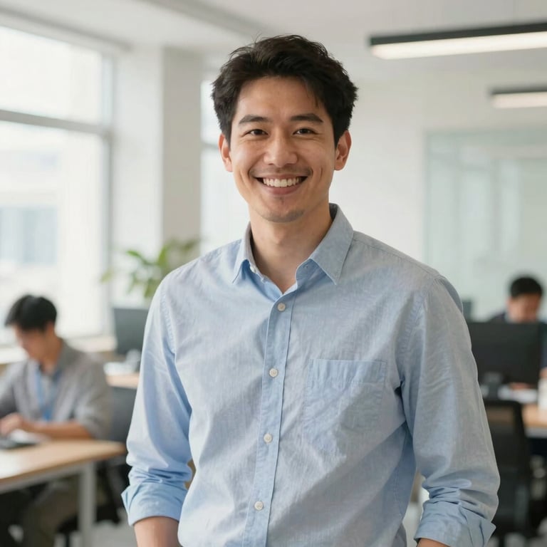 Friendly portrait of a male marketing strategist in a bright, modern office, smiling naturally, warm daylight, 35mm lens.