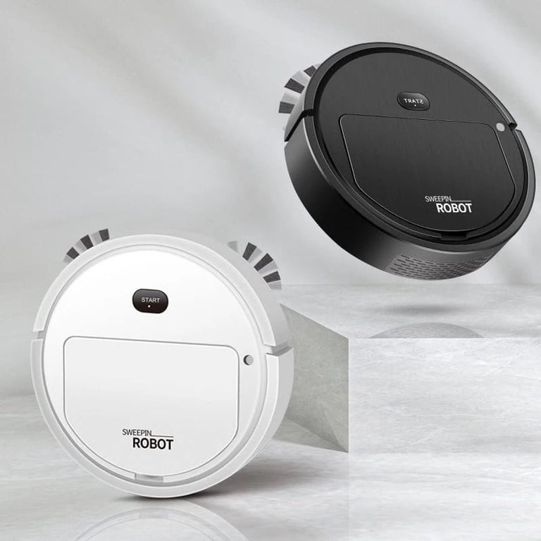 White and black automatic robotic vacuum cleaners on a modern stone floor.