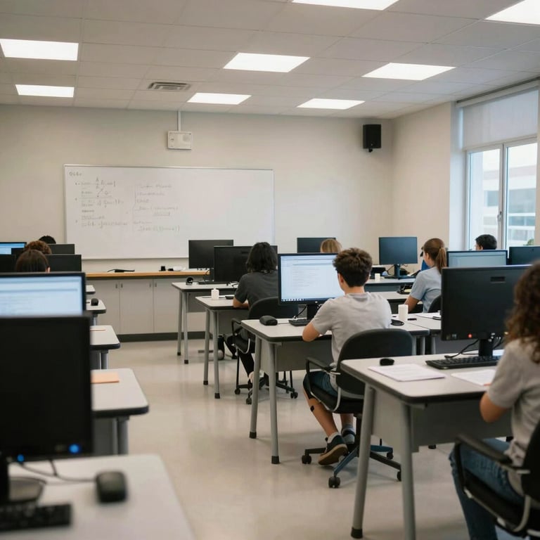 Interior of a clean, well-equipped informatics classroom in a Spanish institute.