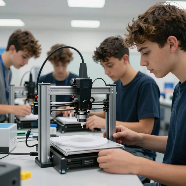 A group of secondary students in Spain working with a 3D printer in a bright technology lab.