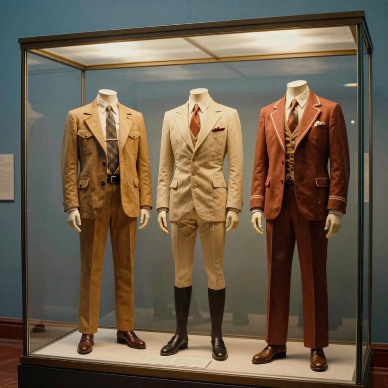 A detailed shot of a glass display case containing original 1960s stage outfits in the Museo Beatle, Buenos Aires. Soft golden museum lighting against slate blue background.